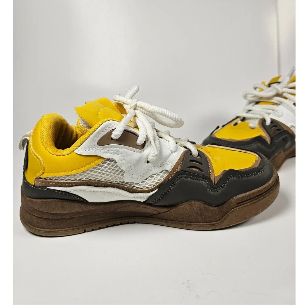 Yellow y2k Chunky Platform Sneakers Yellow Brown White Multi-Color Low Top Shoes